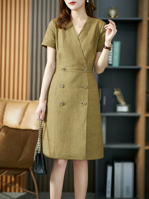 UG【现货15天】气质短袖连衣裙女中长款2023夏季款双排扣V领亚麻裙子收腰显瘦 商品图0