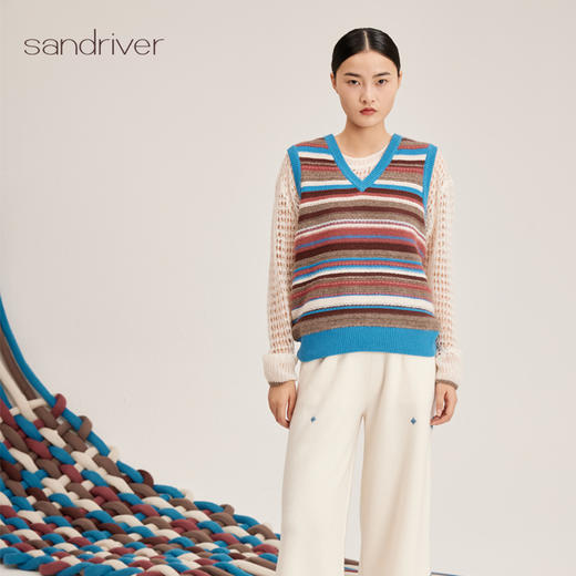 羊绒桑蚕丝V领条纹女背心SJF95W345K 商品图1