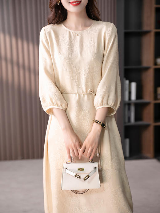 YX【定制10天】设计感提花真丝连衣裙女夏2023新款灯笼袖桑蚕丝系带中长裙子 商品图3