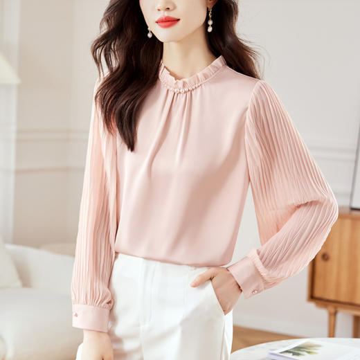 KQL-645T8388纯色压褶泡泡袖雪纺衫女2023新款秋季简约时尚洋气质小衫上衣 商品图2