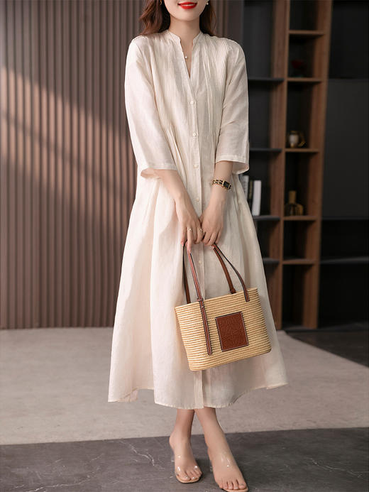 89241原形设计感V领苎麻连衣裙女2024春夏季新款风琴褶显瘦长款裙子 商品图1