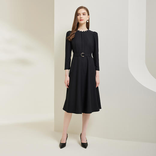 NG812斯尔丽瑟俪2023秋季新款领口手工编制时尚收腰A摆泡泡袖连衣裙 商品图3