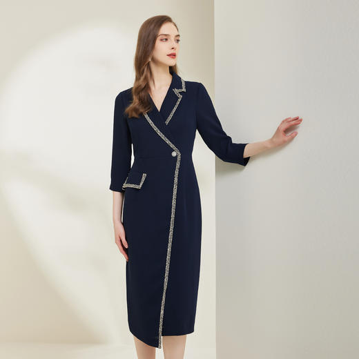 NG824斯尔丽瑟俪2023新款小香风花边撞色不对称设计西装领显瘦连衣裙 商品图2