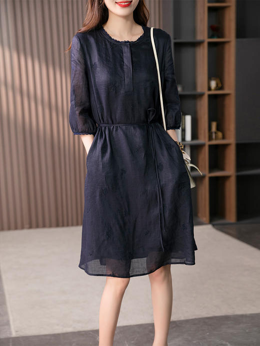 YX【定制17天】高级感刺绣绣花苎麻连衣裙女2023夏季新款灯笼袖显瘦中长裙 商品图1