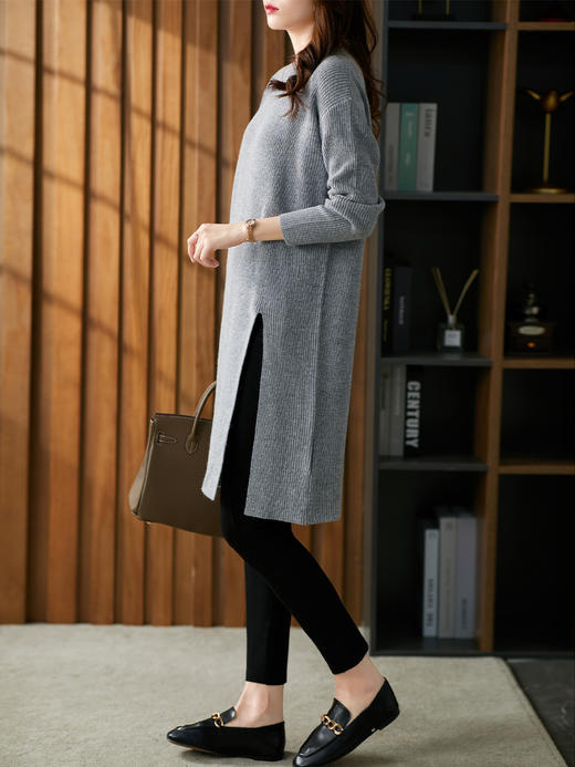 UG【现货7天】中长款针织毛衫裙女2022春秋新款侧开叉时尚女士内搭长款毛衣 商品图3