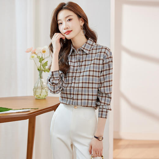 新款长袖衬衫百搭小众衬衣时尚春秋宽松韩版格纹春季女士 商品图2