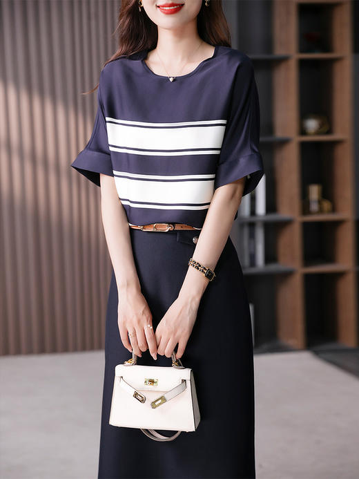 YX【定制12天】条纹短袖真丝T恤女2023夏季新款韩版休闲显瘦桑蚕丝百搭上衣 商品图3