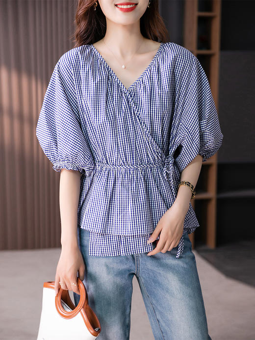 UG【定制15天】法式格子衬衫女2023夏季新款高级感洋气时尚系带收腰显瘦上衣 商品图3