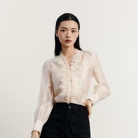 谜底通勤衬衫长袖女2023秋季新款复古浪漫V领宽松衬衣女233MC0989