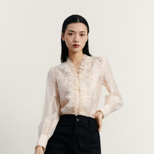 谜底通勤衬衫长袖女2023秋季新款复古浪漫V领宽松衬衣女233MC0989 商品图0