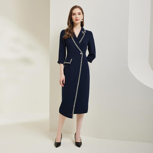 NG824斯尔丽瑟俪2023新款小香风花边撞色不对称设计西装领显瘦连衣裙 商品图3