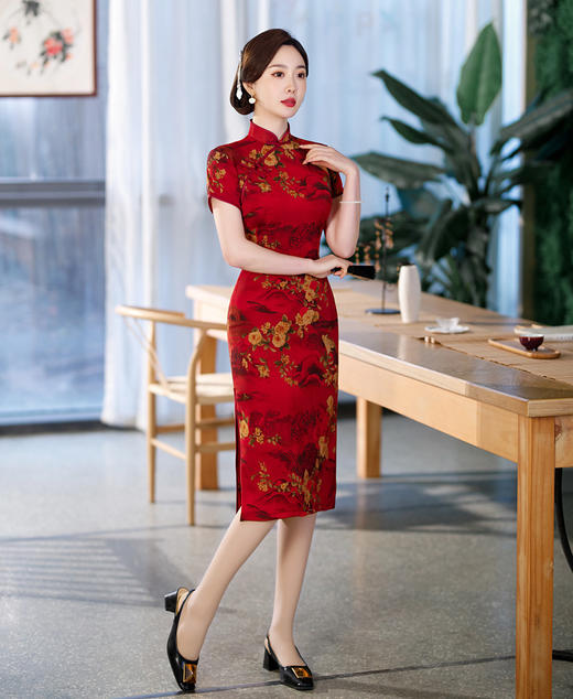 ZAYS-82276春季改良中长花罗香云纱旗袍日常气质红色喜婆婆旗袍礼服 商品图1