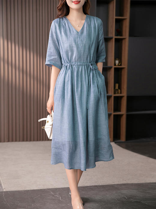 YX【现货7天】V领苎麻连衣裙女抽绳显瘦A字裙2023夏季新款气质减龄长裙子 商品图0