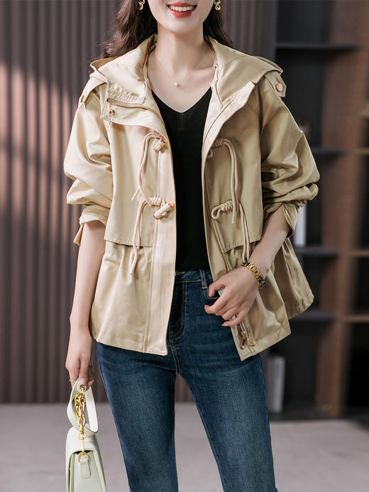 YX【定制12天】设计感连帽风衣短外套女2023秋季新款韩版显瘦时尚收腰上衣 商品图1