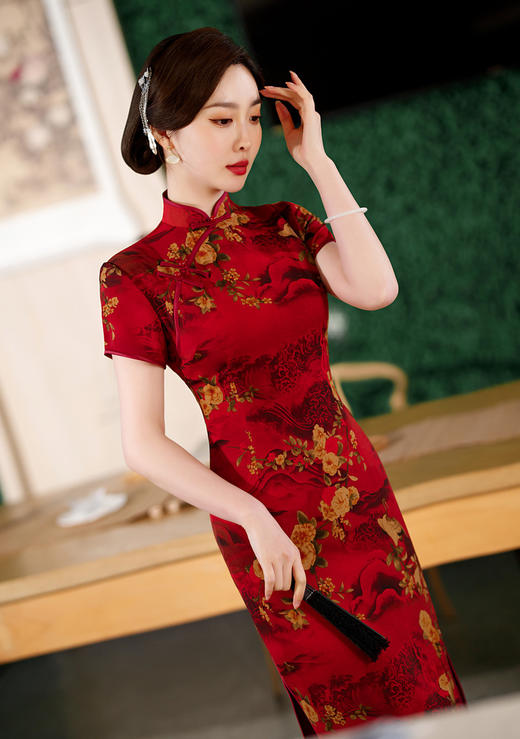 ZAYS-82276春季改良中长花罗香云纱旗袍日常气质红色喜婆婆旗袍礼服 商品图4