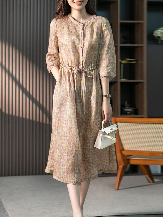 YX【现货7天】碎花苎麻连衣裙女收腰显瘦2023夏季新款韩版宽松中长款裙子薄 商品图1