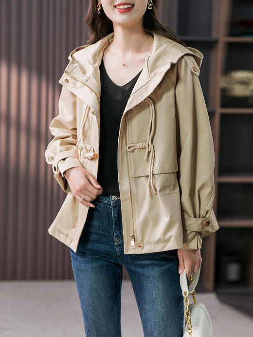 YX【定制12天】设计感连帽风衣短外套女2023秋季新款韩版显瘦时尚收腰上衣 商品图0