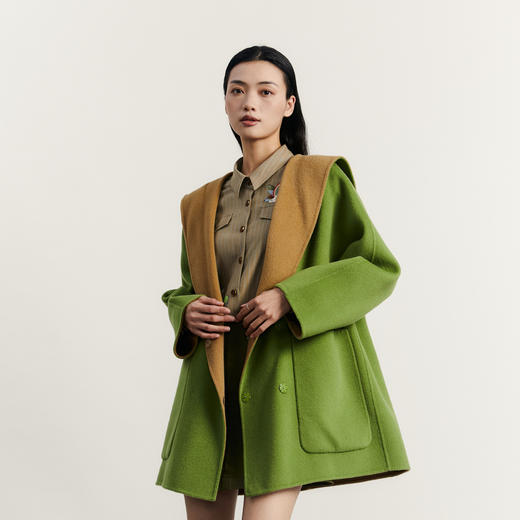 谜底翻领宽松大衣外套女2023秋季新款学院风撞色羊毛呢233MD0954 商品图1