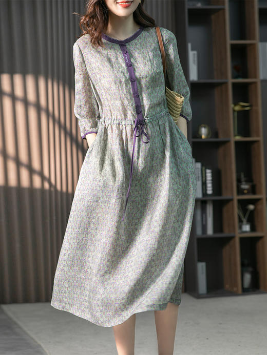 YX【现货7天】碎花苎麻连衣裙女收腰显瘦2023夏季新款韩版宽松中长款裙子薄 商品图3