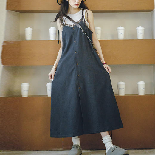 马登女装日系复古格纹背带裙显瘦A字宽松吊带连衣长裙无袖裙早秋 商品图4