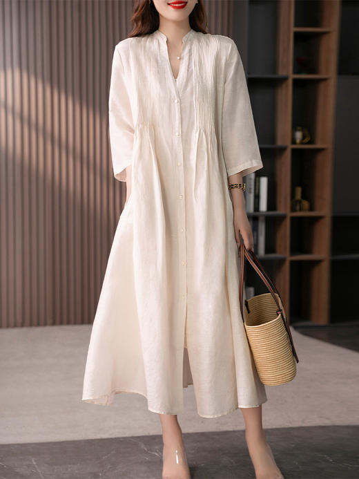 89241原形设计感V领苎麻连衣裙女2024春夏季新款风琴褶显瘦长款裙子 商品图3