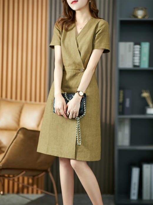 UG【现货15天】气质短袖连衣裙女中长款2023夏季款双排扣V领亚麻裙子收腰显瘦 商品图4
