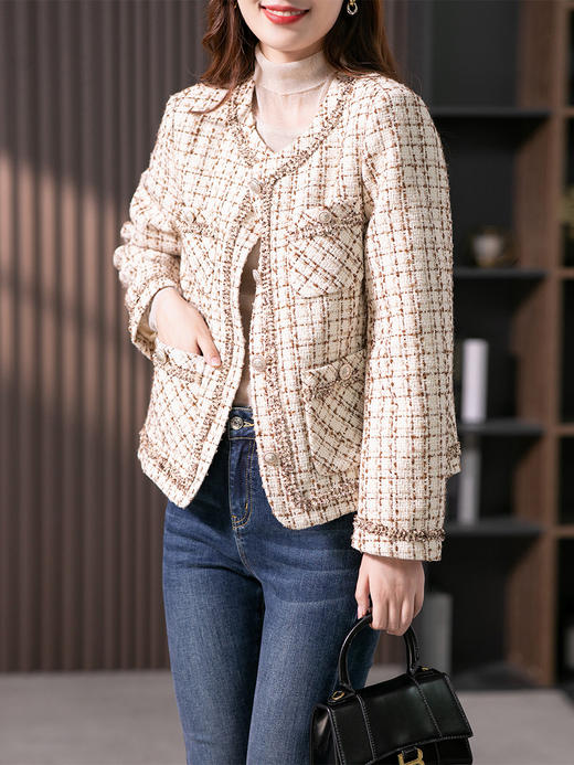 UG【现货7天】高端气质小香风外套女2023春季新款圆领单排扣休闲百搭上衣 商品图2