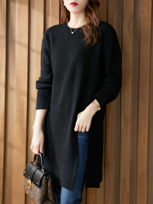 UG【现货7天】中长款针织毛衫裙女2022春秋新款侧开叉时尚女士内搭长款毛衣 商品图0