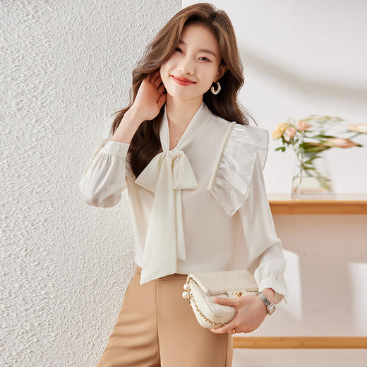新款长袖衬衫百搭小众洋气显瘦系带时尚宽松春秋上衣春季 商品图3