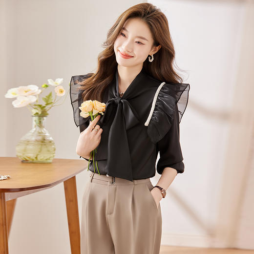 新款长袖衬衫百搭小众洋气显瘦系带时尚宽松春秋上衣春季 商品图1