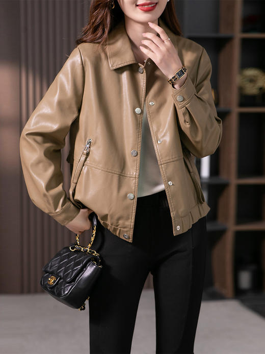 YX【现货7天】高级感百搭皮衣外套女2023秋季新款韩版休闲小个子夹克上衣 商品图1