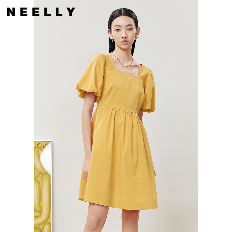 NEELLY纳俪商场同款方领泡泡袖连衣裙女收腰气质大摆裙夏季A字裙N22061Y01191