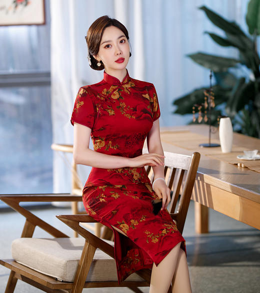 ZAYS-82276春季改良中长花罗香云纱旗袍日常气质红色喜婆婆旗袍礼服 商品图0