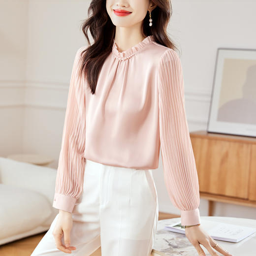 KQL-645T8388纯色压褶泡泡袖雪纺衫女2023新款秋季简约时尚洋气质小衫上衣 商品图0