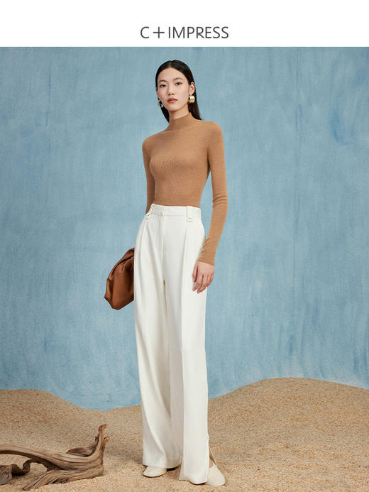 西嘉C+IMPRESS/西嘉白色休闲裤女垂感开衩阔腿裤2023秋新款高腰西装裤KZ2303053 商品图2