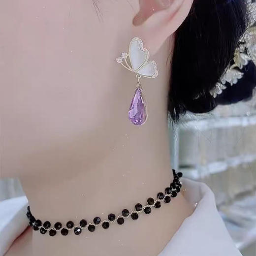 JU-C0016夏季设计甜美蝴蝶紫色水晶耳环女小众感时尚气质百搭耳钉耳饰 商品图2