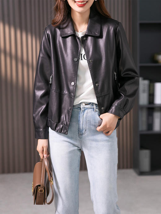 YX【现货7天】高级感百搭皮衣外套女2023秋季新款韩版休闲小个子夹克上衣 商品图3