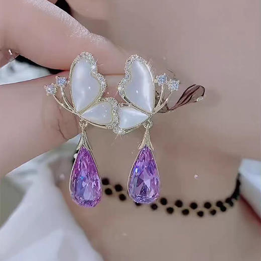 JU-C0016夏季设计甜美蝴蝶紫色水晶耳环女小众感时尚气质百搭耳钉耳饰 商品图1