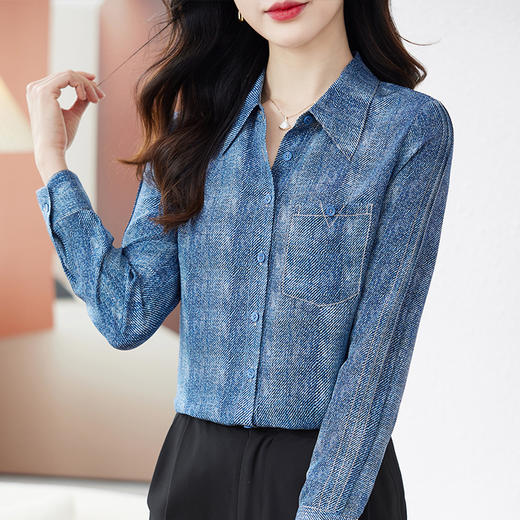 TC 90015牛仔印花真丝衬衫复古风显瘦基础通勤桑蚕丝衬衣 商品图1