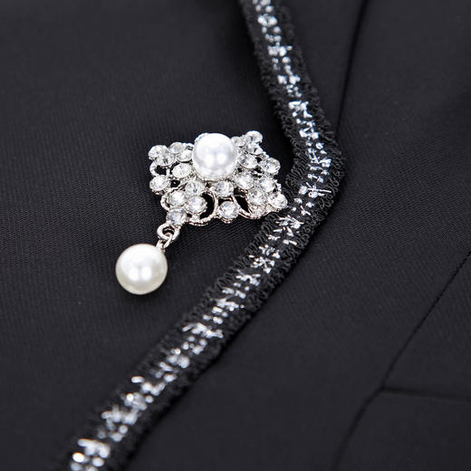 QE84C斯尔丽瑟俪2023新款小西装领镶边钻扣浪漫蕾丝袖褶裥显瘦连衣裙 商品图4