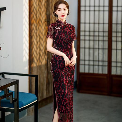 Y1202爆款立体烂花绒中国风知性宴会礼服长款旗袍连衣裙 商品图2