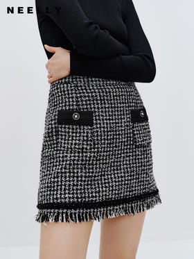 NEELLY纳俪商场同款千鸟格A字裙女2023秋季新款小众设计感半身裙N23083E01160