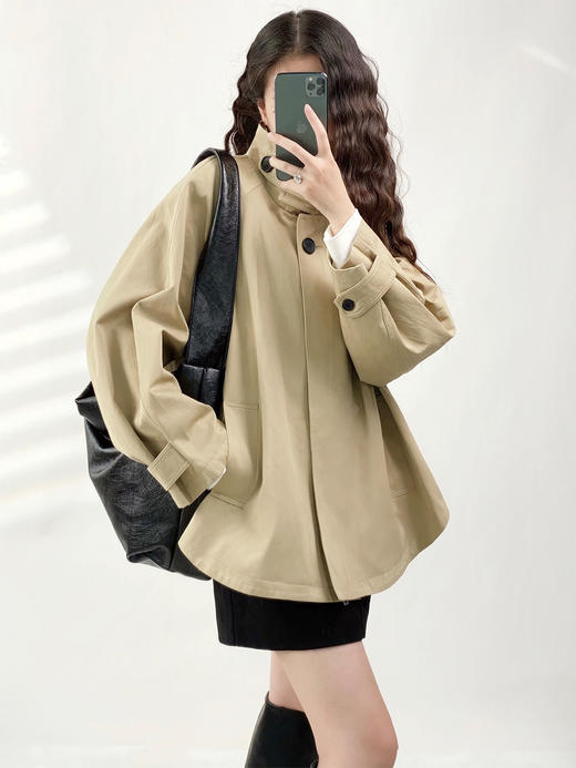 YX【定制17天】斗篷式A字风衣插肩袖外套女2023秋季新款小个子复古时尚短款上衣 商品图0