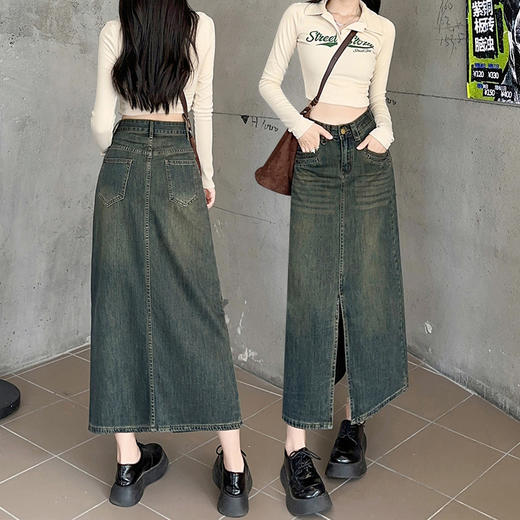 【前开叉水泥灰高腰牛仔半身裙】秋冬新款 百搭显瘦高腰牛仔裙 商品图1