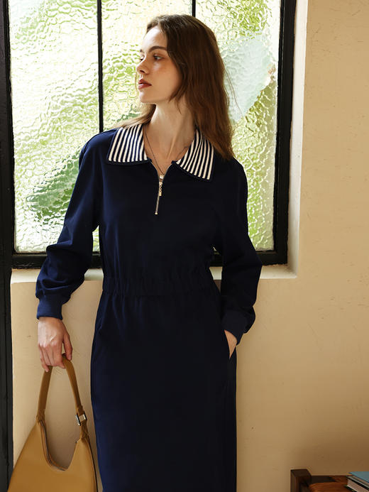 HeyDress针织卫衣连衣裙女秋季法式复古翻领收腰设计休闲气质裙子 商品图2