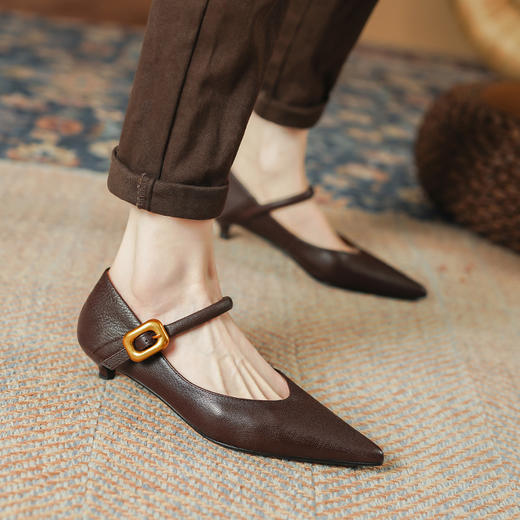 优雅法式，纯色进口小羊皮中跟尖头浅口单鞋PS1602 商品图2