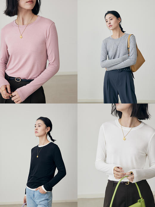 HeyDress天丝羊毛针织衫女秋季修身半高领打底衫圆领薄款内搭T恤 商品图0