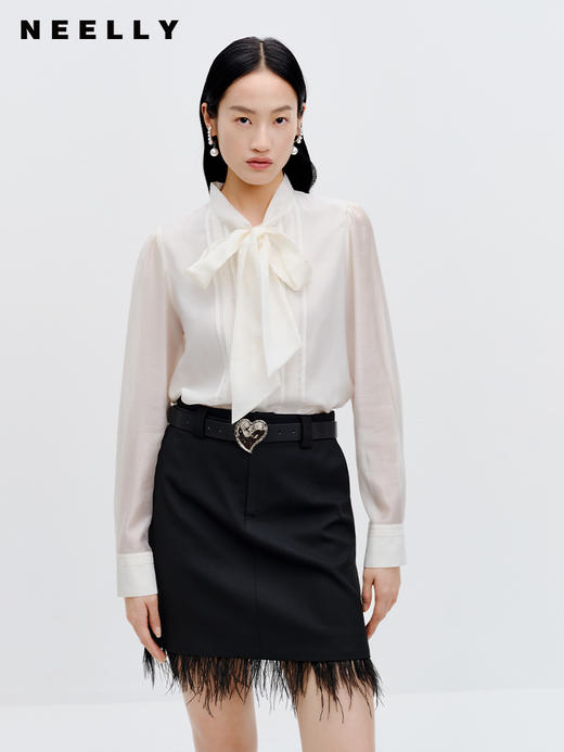 NEELLY纳俪商场同款流苏边半身裙女2023秋新款黑色显瘦流行A字裙N23083E01158 商品图2