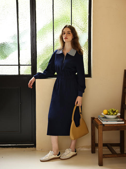 HeyDress针织卫衣连衣裙女秋季法式复古翻领收腰设计休闲气质裙子 商品图0