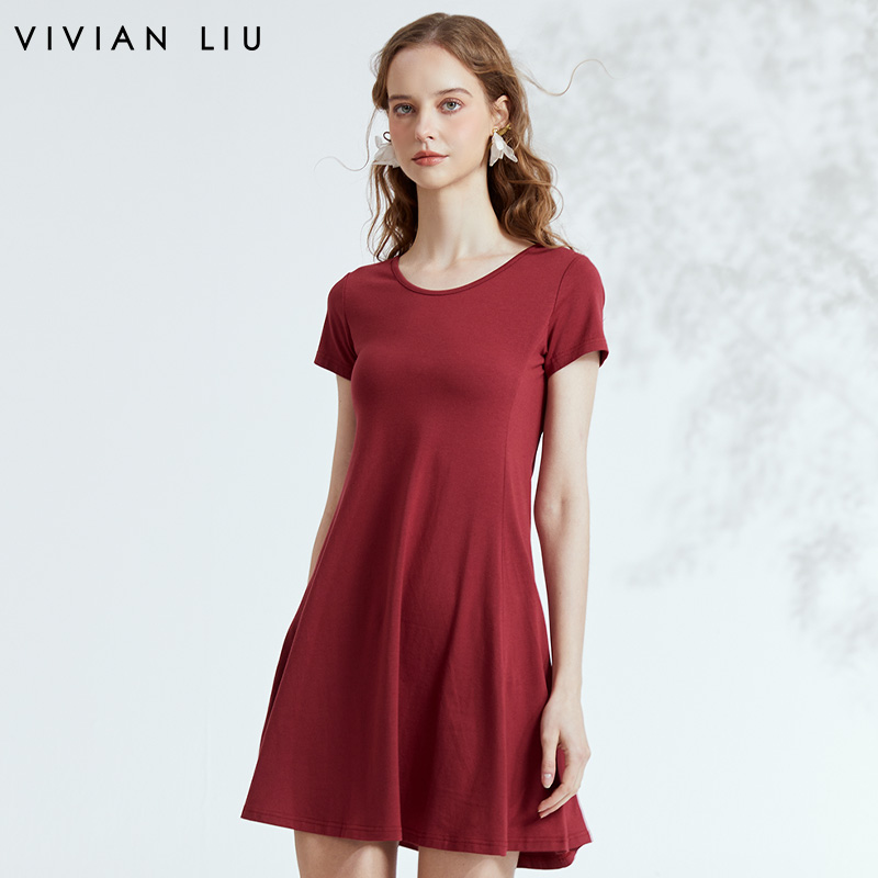 VIVIAN LIU QR2337402 夏新款女装舒适感圆领收腰半袖针织连衣裙